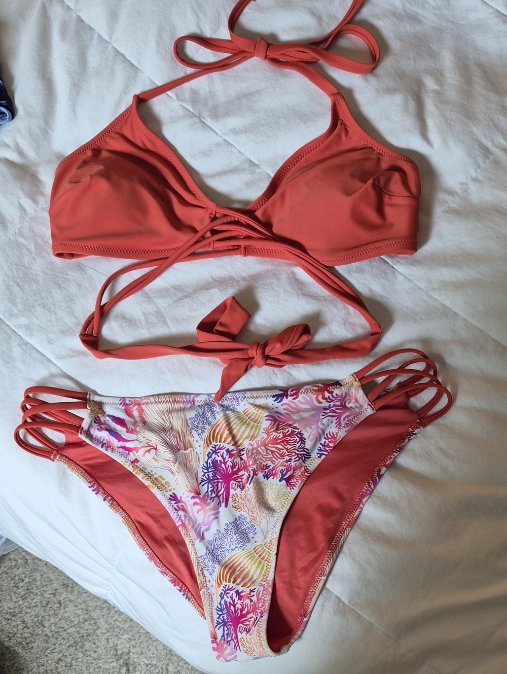 CupShe XL Coral Two-Piece Bikini Set with Shell Print Bottoms